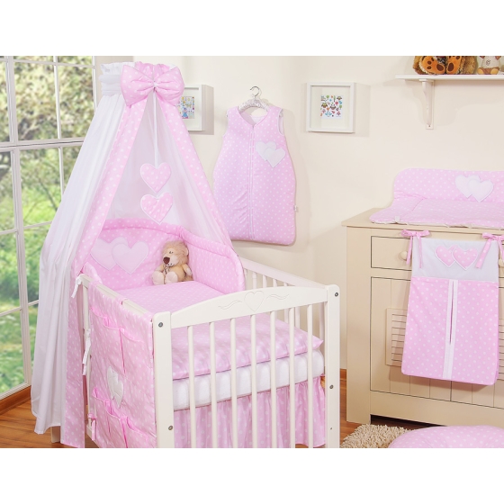 Bedding set 7-pcs with canopy- Hanging Hearts white dots on pink