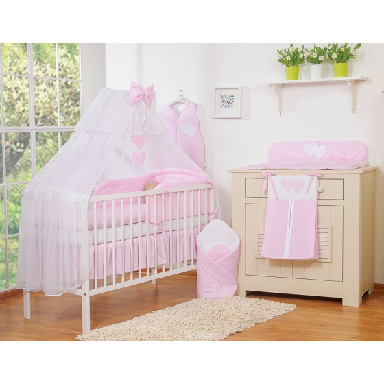 Bedding set 7-pcs with mosquito-net- Hanging Hearts pink stripes