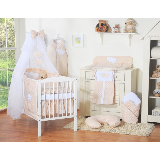 Bedding set 7-pcs with mosquito-net- Hanging Hearts white dots on beige