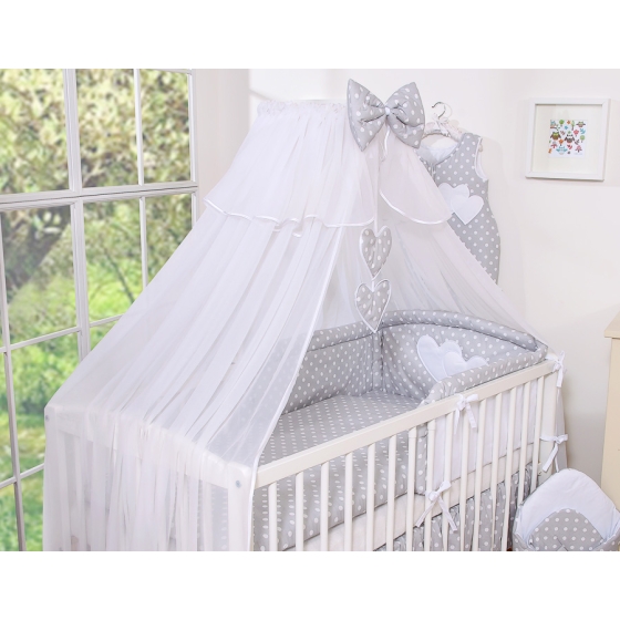 Bedding set 7-pcs with mosquito-net- Hanging Hearts white dots on Gray