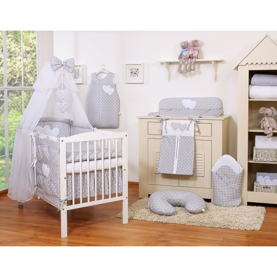 Bedding set 7-pcs with mosquito-net- Hanging Hearts white dots on Gray