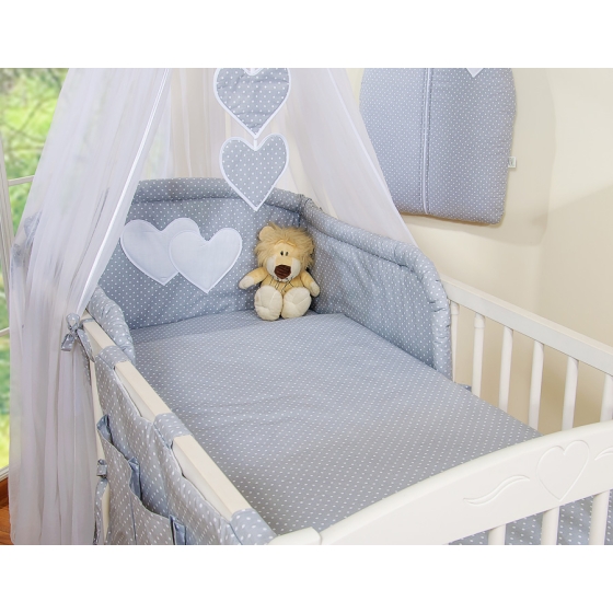 Bedding set 7-pcs with mosquito-net- Hanging Hearts white polka dots on Gray