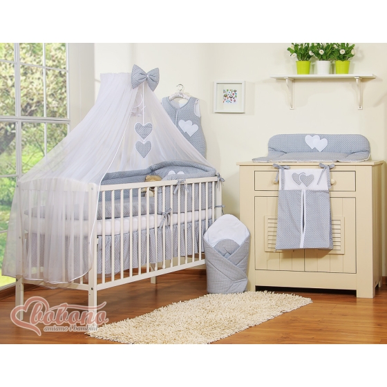 Bedding set 7-pcs with mosquito-net- Hanging Hearts white polka dots on Gray