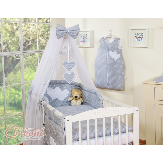 Bedding set 7-pcs with mosquito-net- Hanging Hearts white polka dots on Gray