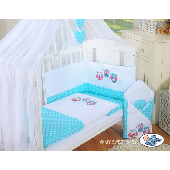Bedding set 7-pcs with mosquito-net- Owls turquoise