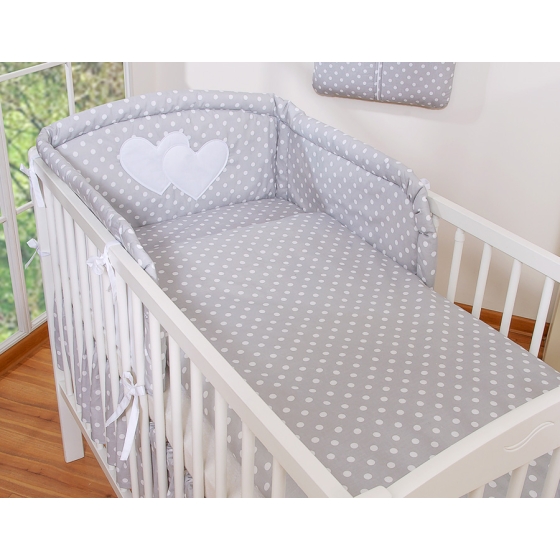 Bedding set for Baby Bed 2-pcs- Hanging Hearts white dots on Gray