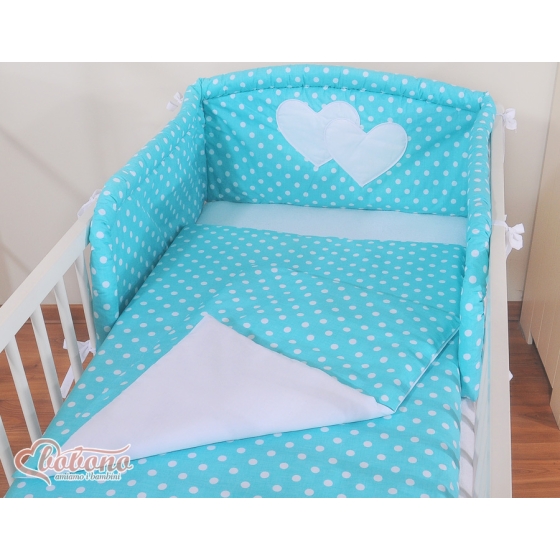 Bedding set for Baby Bed 2-pcs- Hanging Hearts white dots on turquoise