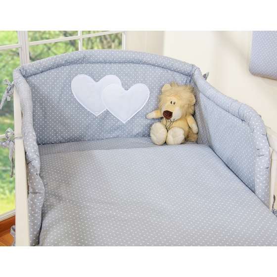 Bedding set for Baby Bed 2-pcs- Hanging Hearts white polka dots on Gray