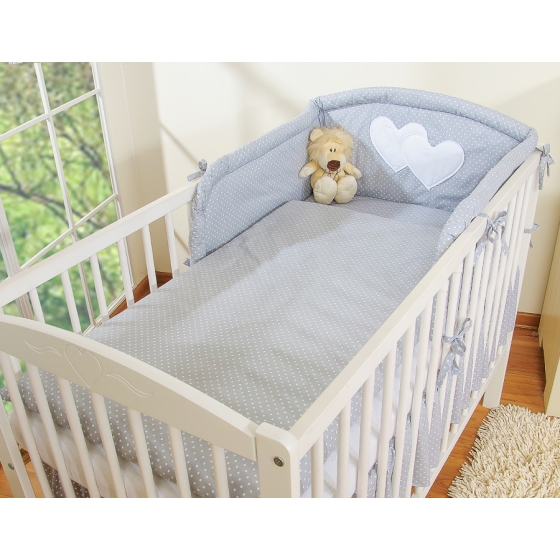 Bedding set for Baby Bed 2-pcs- Hanging Hearts white polka dots on Gray