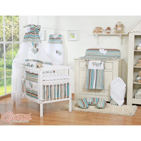 Bedding set for baby cot 11-pcs with canopy- Hanging Hearts brown stripes