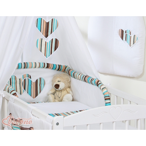 Bedding set for baby cot 11-pcs with canopy- Hanging Hearts brown stripes