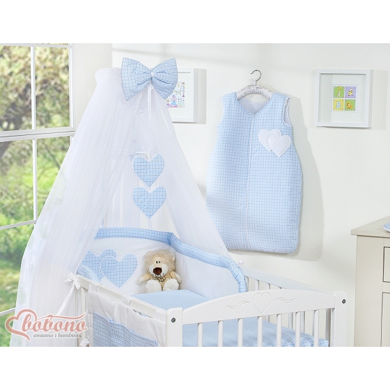 Bedding set for baby cot 11-pcs with mosquito-net- Hanging Hearts blue checkered