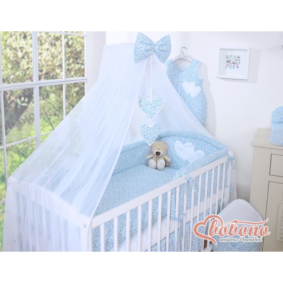 Bedding set for baby cot 11-pcs with mosquito-net- Hanging Hearts little blue flowers