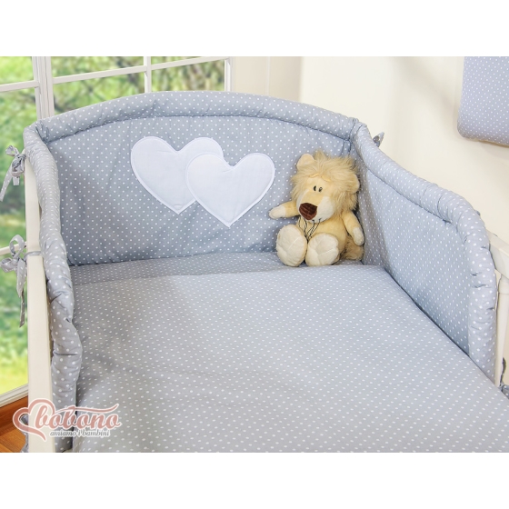 Bedding set for Baby Cot 3-pcs- Hanging Hearts white polka dots on Gray