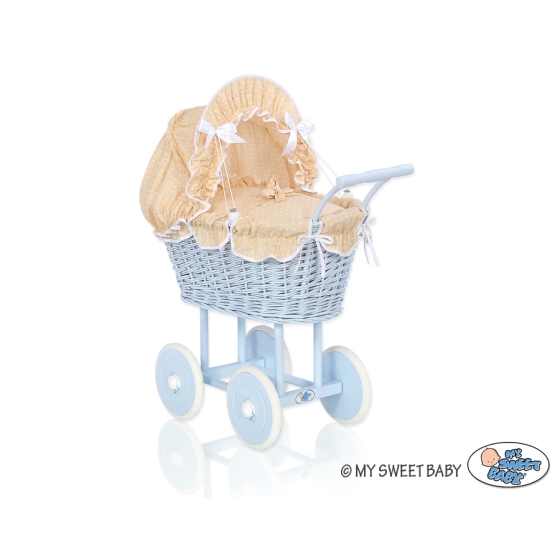 Blue Wicker Stroller Doll pram Bedding Set in Beige with White Dots