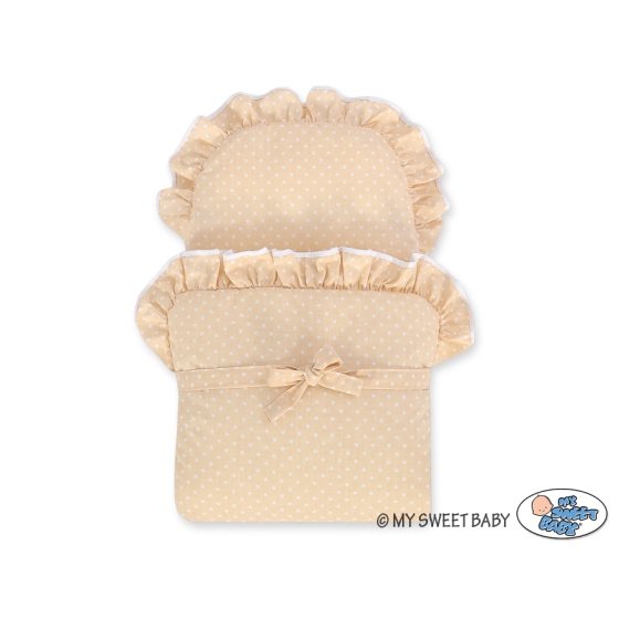 Blue Wicker Stroller Doll pram Bedding Set in Beige with White Dots