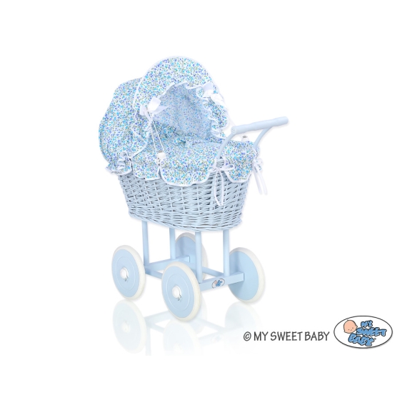 Blue Wicker Stroller Doll pram Blue Flowers Bedding Set