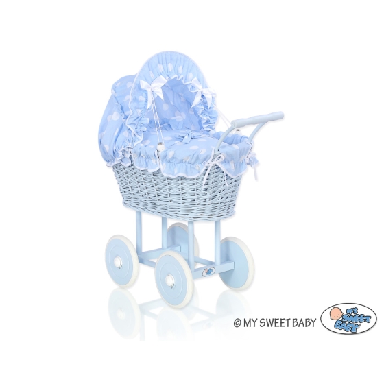 Blue Wicker Stroller Doll pram Blue with Big White Dots
