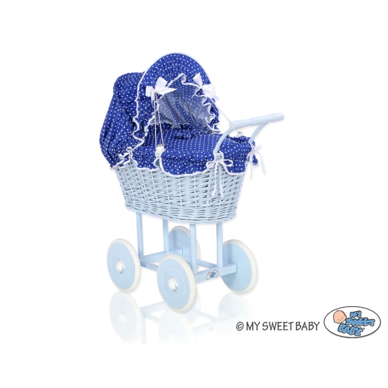 Blue Wicker Stroller Doll pram Navy Blue Bedding with White Dots