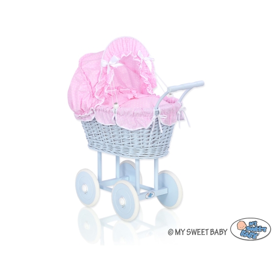 Blue Wicker Stroller Doll pram Pink Bedding with White Dots