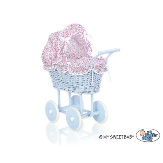 Blue Wicker Stroller Doll pram Pink Flowers Bedding Set