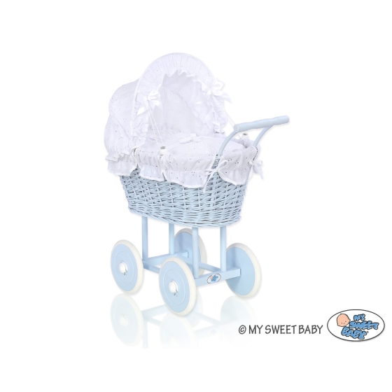Blue Wicker Stroller Doll pram White Bedding Set