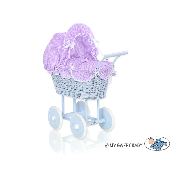 Blue Wicker Stroller Doll pram White-Lilac Checkered Bedding Set