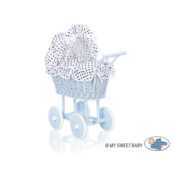 Blue Wicker Stroller Doll pram White with Black Dots Bedding Set