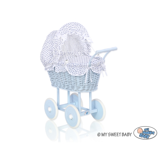 Blue Wicker Stroller Doll pram White with Navy Blue Dots Bedding Set