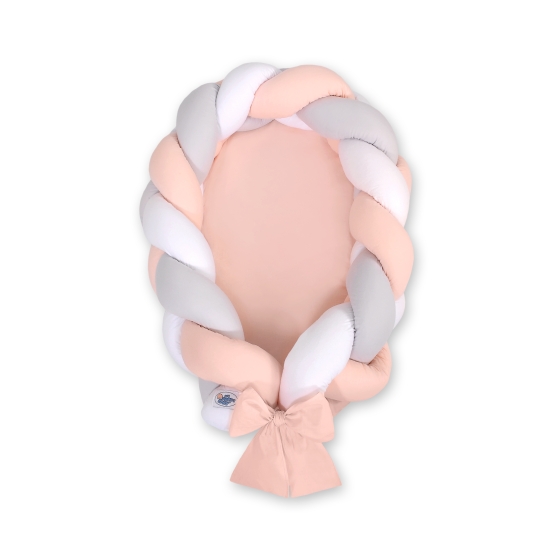 Braided babynest Knot Bumper & Mattress 2 in 1- white-gray-powder pink