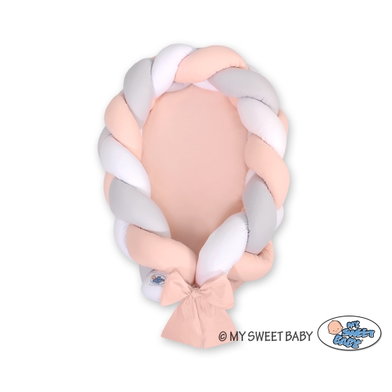 Braided babynest Knot Bumper & Mattress 2 in 1- white-gray-powder pink