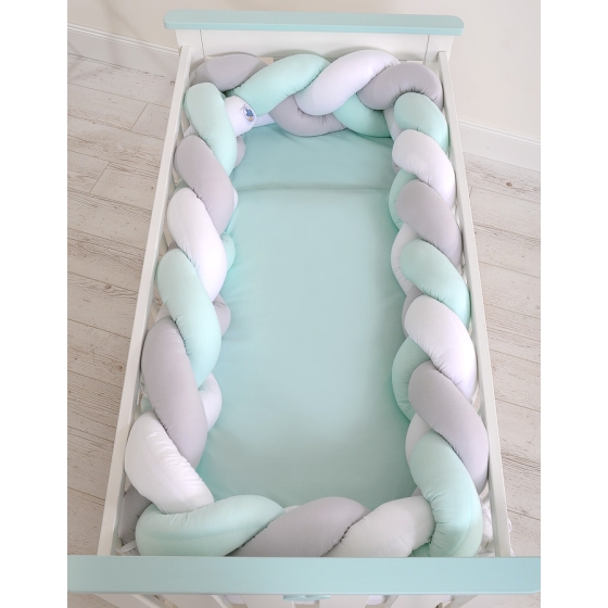 Braided Cot Bumper over 3m XXL Pillow- white-gray-mint