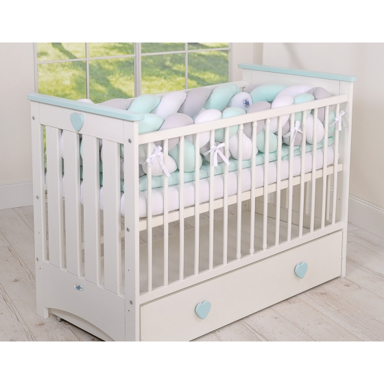 Braided Cot Bumper over 3m XXL Pillow- white-gray-mint