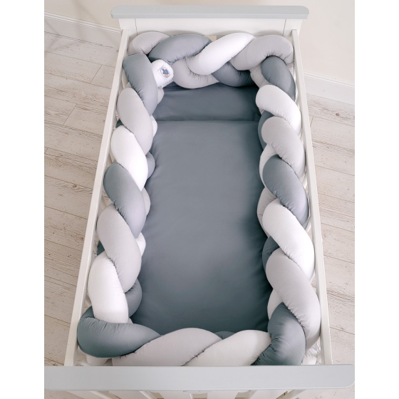 Braided baby cot bumper anthracite-gray-white