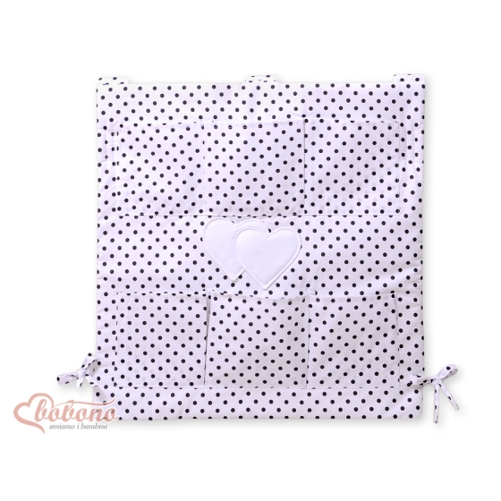 Cot tidy- Hanging hearts black dots on white