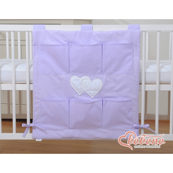 Cot tidy organiser for Cot Bed - Hanging Hearts white polka dots on lilac