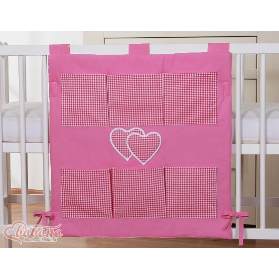 Cot tidy organiser - Hanging Hearts dark pink checkered