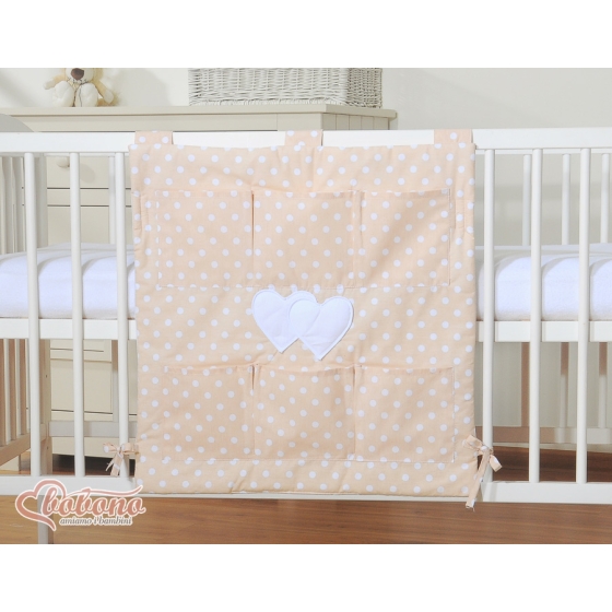 Cot tidy organiser - Hanging Hearts white dots on beige