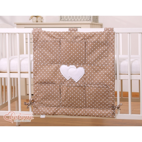 Cot tidy organiser - Hanging Hearts white dots on brown
