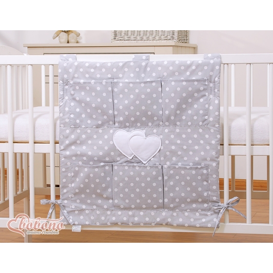 Cot tidy organiser - Hanging Hearts white dots on Gray