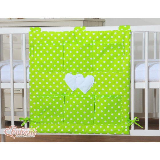 Cot tidy organiser - Hanging Hearts white dots on green