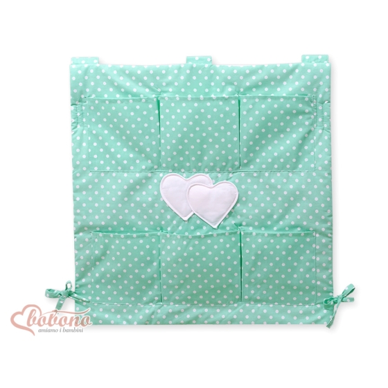 Cot tidy organiser - Hanging Hearts white dots on mint