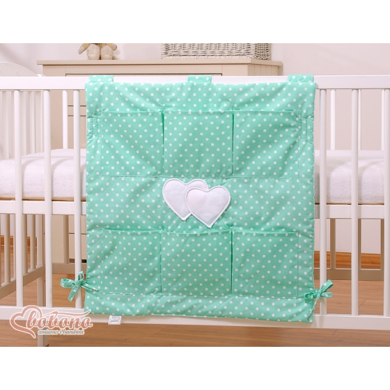Cot tidy organiser - Hanging Hearts white dots on mint