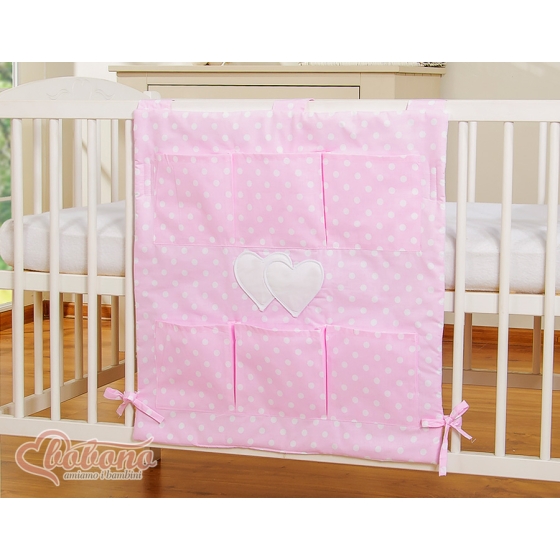 Cot tidy organiser - Hanging Hearts white dots on pink