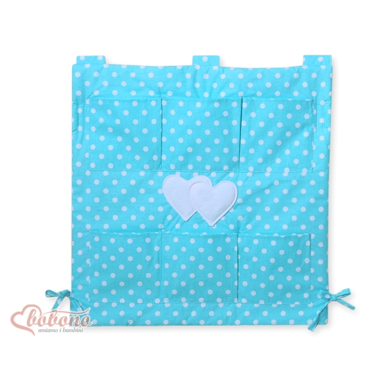 Cot tidy organiser - Hanging Hearts white dots on turquoise