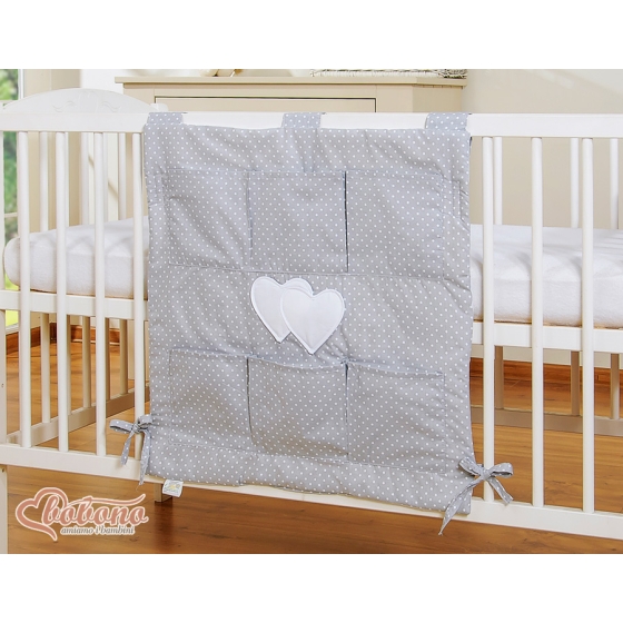 Cot tidy organiser - Hanging Hearts white polka dots on Gray