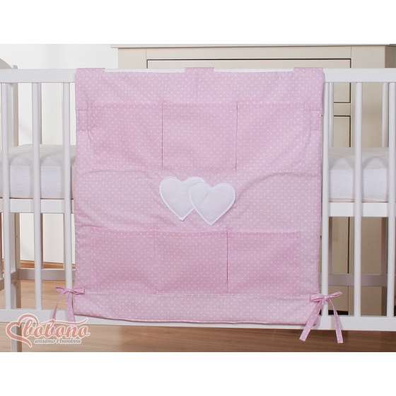 Cot tidy organiser - Hanging Hearts white polka dots on pink