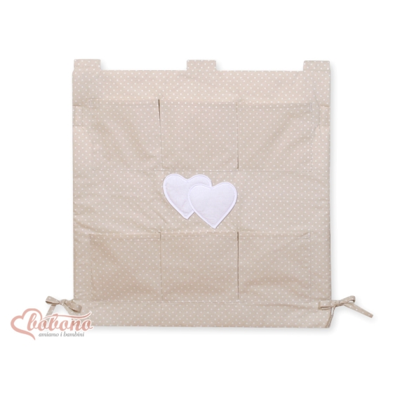 Cot tidy organiser Pockets- Hanging Hearts white polka dots on beige