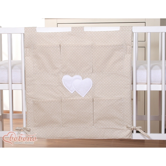 Cot tidy organiser Pockets- Hanging Hearts white polka dots on beige