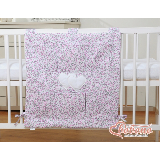 Cot tidy organiser with Pockets - Hanging Hearts pink flowers